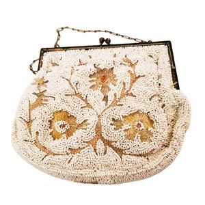 Vintage White and Tan Beaded Purse